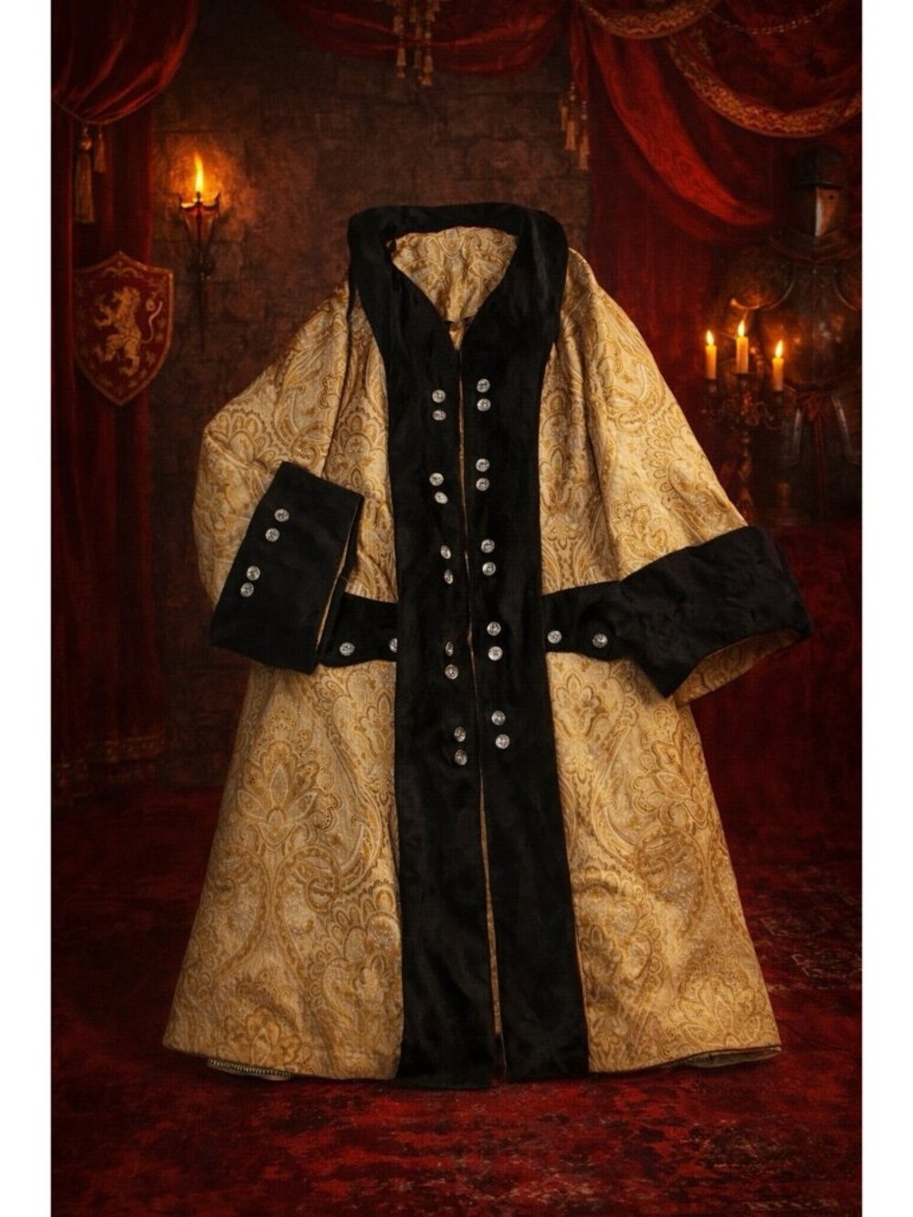 Royal Renaissance Pirate Golden W/ Black Velvet Men Coat L/XL Cloak Cosplay Goth